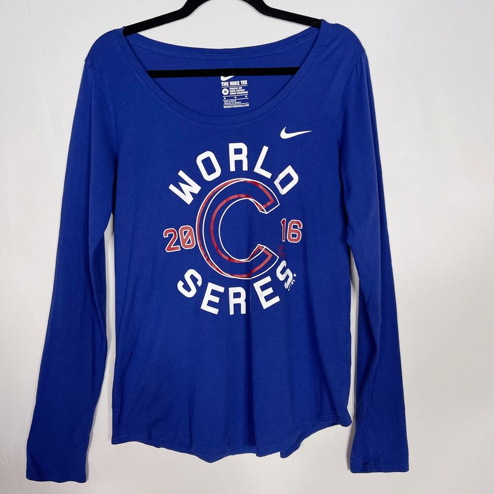 Nike Womens M Blue Athletic Cut Chicago Cubs 2016 World Series Long Sleeve Tee
